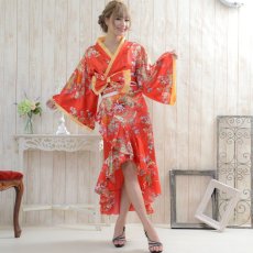 画像1: 再入荷！【3カラー】花魁風帯付き総和柄サテン裾フリルロングドレス (1)