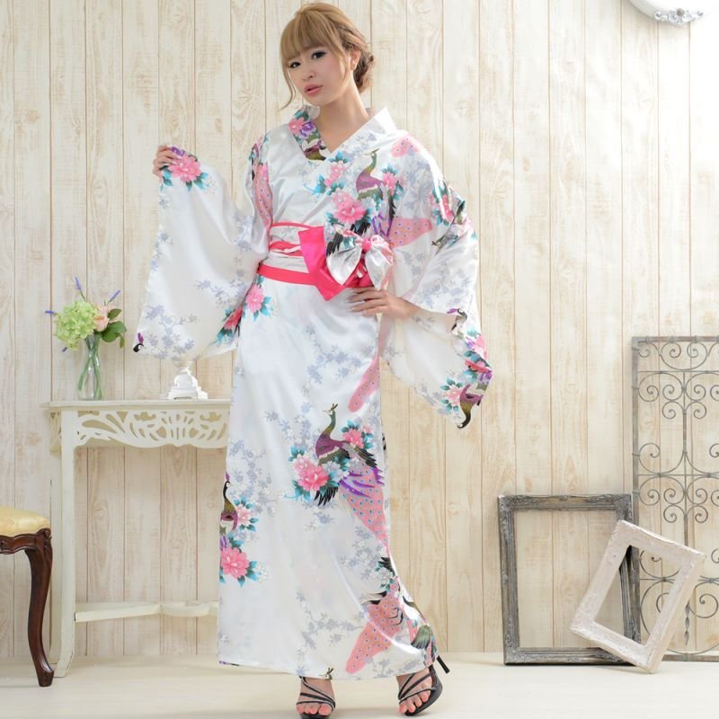 孔雀サテン和柄ロング着物ドレス
