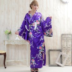 画像4: 再入荷！孔雀サテン和柄ロング着物ドレス コスチューム コスプレ キャバドレス 花魁 (4)