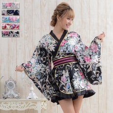 画像2: ゴールドパイピングフリルサテンミニ着物ドレス コスプレ キャバドレス 花魁 (2)
