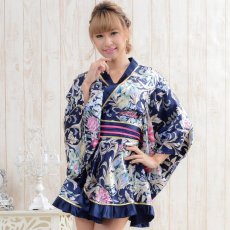 画像1: ゴールドパイピングフリルサテンミニ着物ドレス コスプレ キャバドレス 花魁 (1)