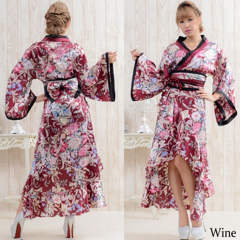 サテン和柄ロング着物ドレス