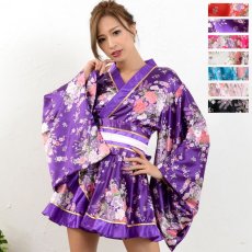 画像2: 再入荷！ゴールドパイピングフリルサテンミニ着物ドレス コスプレキャバドレス よさこい 花魁 (2)
