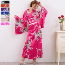 画像8: 再入荷！孔雀サテン和柄ロング着物ドレス コスチューム コスプレ キャバドレス 花魁 (8)
