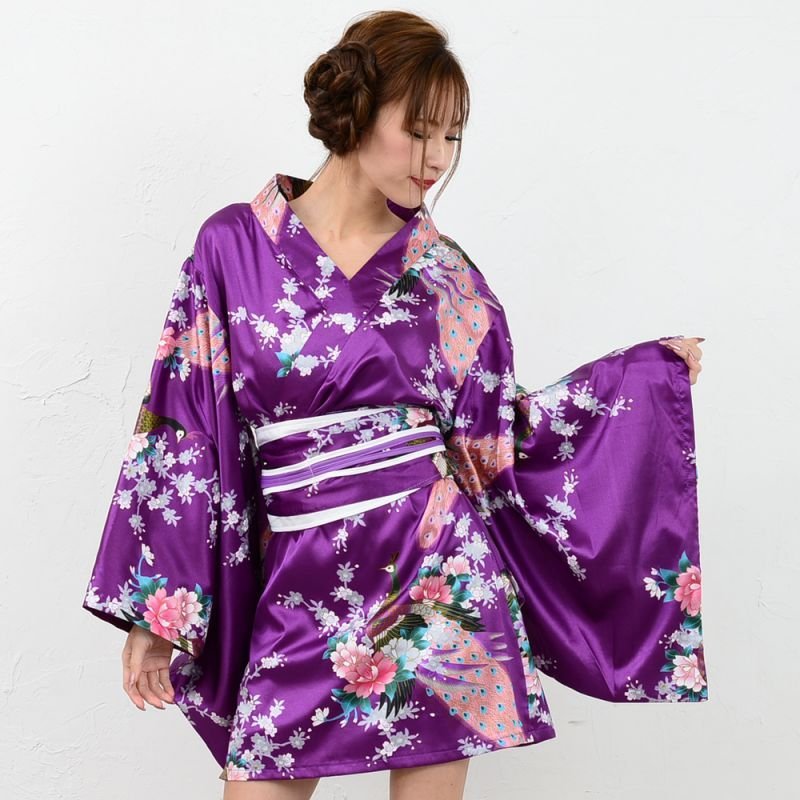 サテン和柄豪華花魁ミニ着物ドレス 和柄 よさこい 花魁 コスプレ