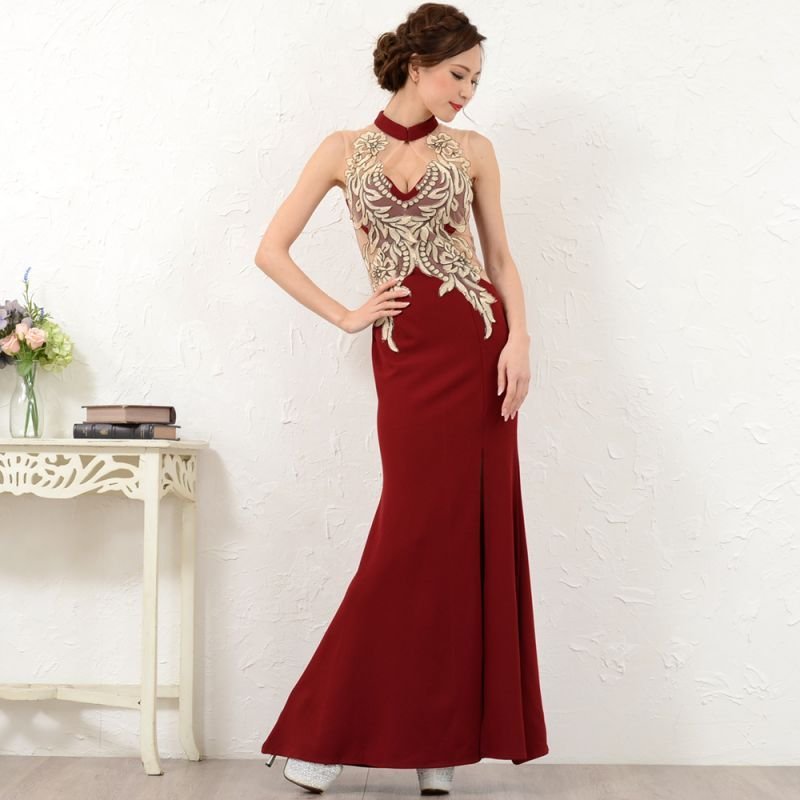 豪華刺繍セクシースリットフリルロングドレス パーティードレス キャバ