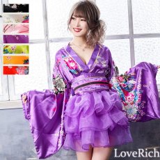 画像1: 再入荷！【8カラー】サテン和柄豪華花魁ミニ着物ドレス 和柄 よさこい 花魁 コスプレ キャバドレス (1)