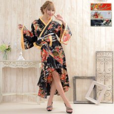 画像2: 再入荷！【3カラー】花魁風帯付き総和柄サテン裾フリルロングドレス (2)
