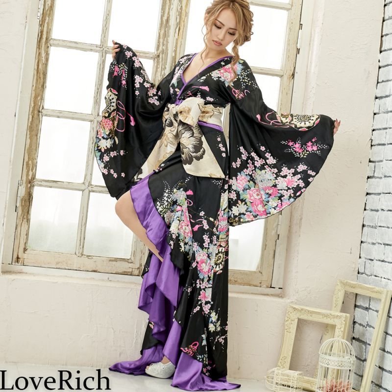 5カラー/2点セット】サテン和柄フリルロング着物ドレス 衣装 ダンス