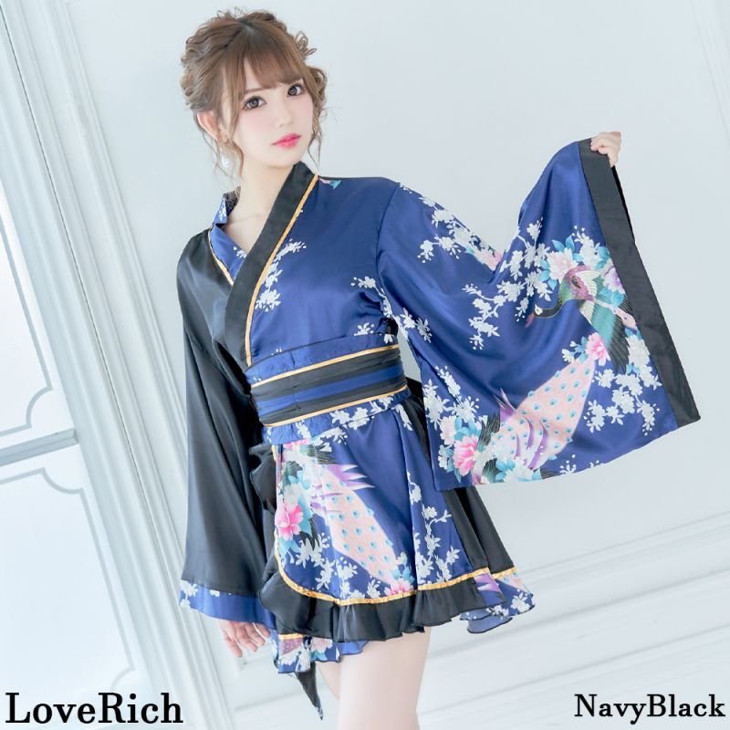 再入荷＆新色追加】ツートンカラー 花魁 フリル ミニ 着物ドレス 孔雀