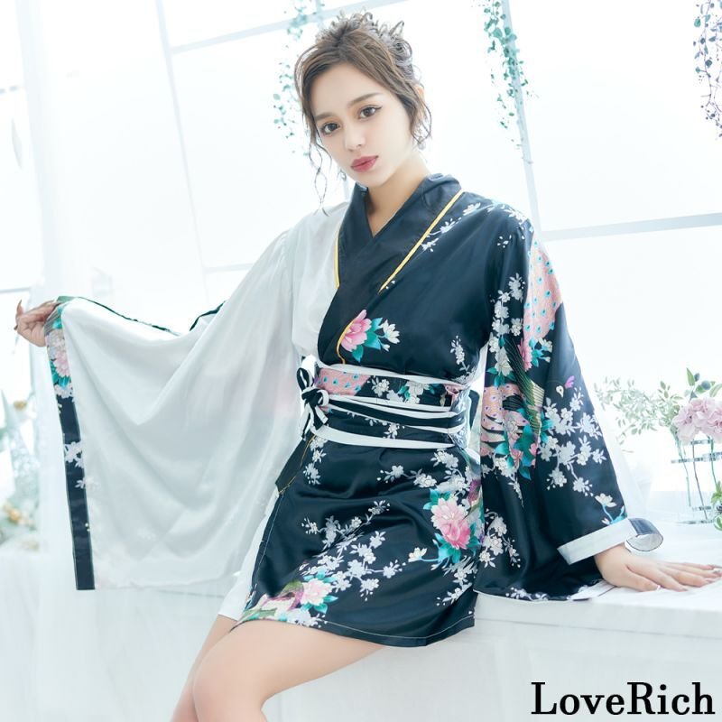 mie様　着物・着物ドレス 黒と白のチェック柄 5カラー/3点セット】ツートンカラー サテン 和柄 花魁 ミニ 着物