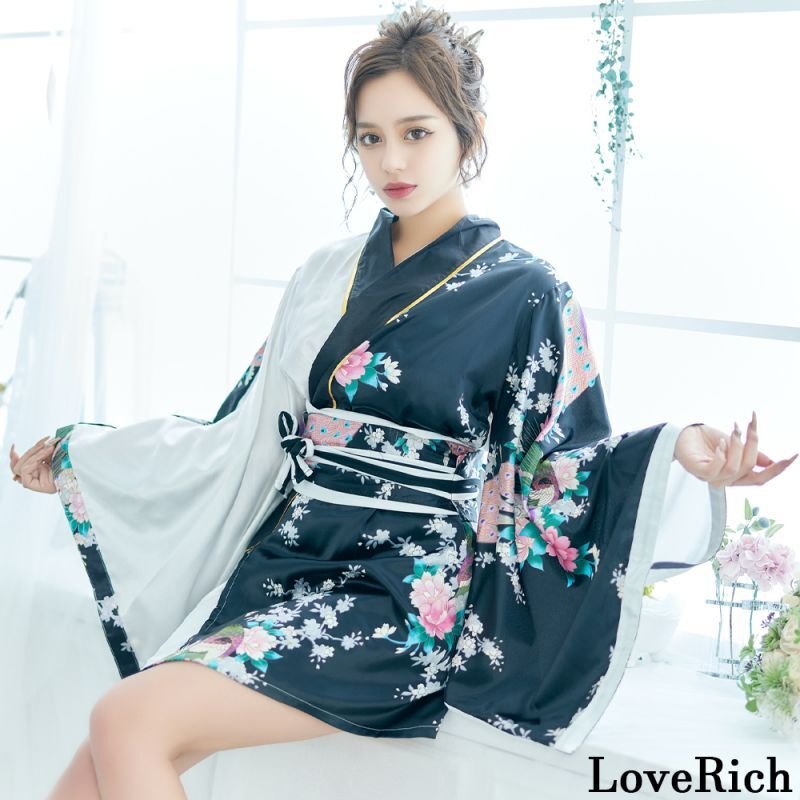 5カラー/3点セット】ツートンカラー サテン 和柄 花魁 ミニ 着物