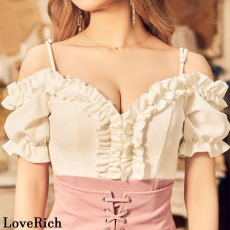 画像9: 残りわずか！【SALE30％OFF】【SMLサイズ＆新色追加】 フリル レースアップ クロスデザイン 谷間魅せ ボリュームスリーブ ミニドレス キャバドレス  (9)