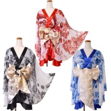 画像20: 在庫限り！【3カラー/3点セット】花柄 フリル シフォン ミニ 豪華 帯 花魁 着物 ドレス コスプレ イベント ハロウィン キャバドレス (20)