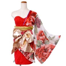 画像15: 再入荷！【3カラー/3点セット】薔薇柄 アシンメトリー レース フリル シフォン ミニ 豪華 帯 花魁 着物 ドレス コスプレ イベント ハロウィン キャバドレス (15)