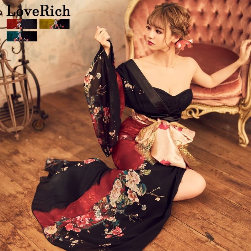 ラブリッチ♡キャバドレス　花魁　着物　アシンメトリー　フリーサイズ　グリーン ラブリッチ♡キャバドレス 花魁 着物 アシンメトリー フリーサイズ