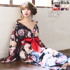 画像2: 再入荷！【4カラー/2点セット】 花柄 オフショル ロング 前開き 帯 リボン 花魁 着物 ドレス コスプレ イベント ハロウィン キャバドレス (2)