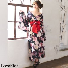 画像3: 再入荷！【4カラー】 花柄 オフショル ロング 前開き 帯 リボン 花魁 着物 ドレス コスプレ イベント ハロウィン キャバドレス (3)