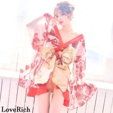 画像1: 在庫限り！【3カラー/3点セット】花柄 フリル シフォン ミニ 豪華 帯 花魁 着物 ドレス コスプレ イベント ハロウィン キャバドレス (1)