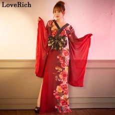 画像6: 再入荷！【高級ライン】【SMLサイズ/2カラー/2点セット】花柄 シフォン オフショル スリット 美胸 ロング 豪華 帯 花魁 着物 ドレス コスプレ イベント ハロウィン キャバドレス (6)
