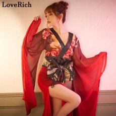 画像7: 再入荷！【高級ライン】【SMLサイズ/2カラー/2点セット】花柄 シフォン オフショル スリット 美胸 ロング 豪華 帯 花魁 着物 ドレス コスプレ イベント ハロウィン キャバドレス (7)