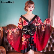画像1: 再入荷！【高級ライン】【SMLサイズ/2カラー/2点セット】花柄 シフォン オフショル フリル 美胸 ミニ 豪華 帯 花魁 着物 ドレス コスプレ イベント ハロウィン キャバドレス (1)