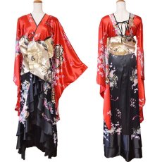 画像13: 再入荷！【高級ライン】【2カラー/2点セット】ツートンカラー 和柄 フリル 豪華 花柄 ロング 美脚 帯 リボン 花魁 着物 ドレス コスプレ イベント ハロウィン (13)