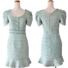 画像16: 残りわずか！【SALE50%OFF】【SMサイズ/3カラー】ツイード 半袖 ふんわりスリーブ 袖あり マーメイド スカート ラメ糸 スパンコール フリンジ ワンピース タイト ミニドレス キャバドレス  (16)