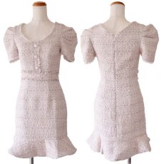 画像15: 残りわずか！【SALE50%OFF】【SMサイズ/3カラー】ツイード 半袖 ふんわりスリーブ 袖あり マーメイド スカート ラメ糸 スパンコール フリンジ ワンピース タイト ミニドレス キャバドレス  (15)
