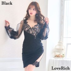 画像9: 残りわずか！【3000円ぽっきり】【SMLサイズ/4カラー】ジップ 谷間魅せ シースルー スリーブ 袖あり スリット レース タイト ミニドレス キャバドレス  (9)
