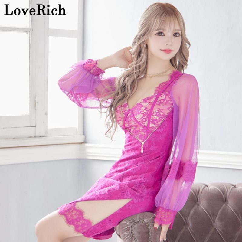 SMLサイズ/4カラー】ジップ 谷間魅せ シースルー スリーブ 袖あり