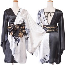 画像11: 再入荷！【2カラー/2点セット】和柄 花柄 美胸 鶴 バイカラー ミニ 豪華 帯 花魁 着物 ドレス コスプレ イベント ハロウィン キャバドレス (11)