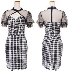 画像10: 残りわずか！【SALE30％OFF】【SMLサイズ】ツイード チェック柄  ボタン シースルー スリーブ 谷間魅せ 半袖 ワンピース タイト ミニドレス キャバドレス  (10)