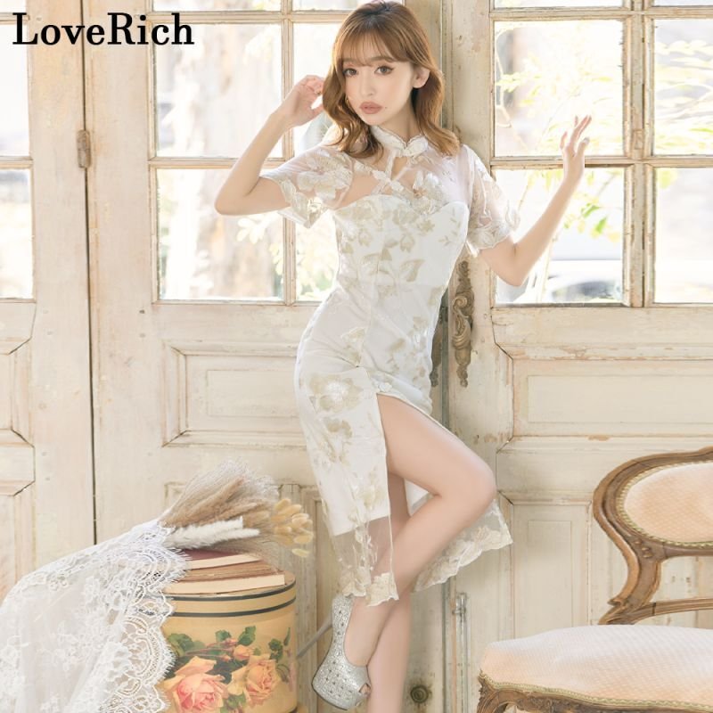 SMLサイズ】 アシンメトリー 刺繍 レース チャイナドレス チャイナ服