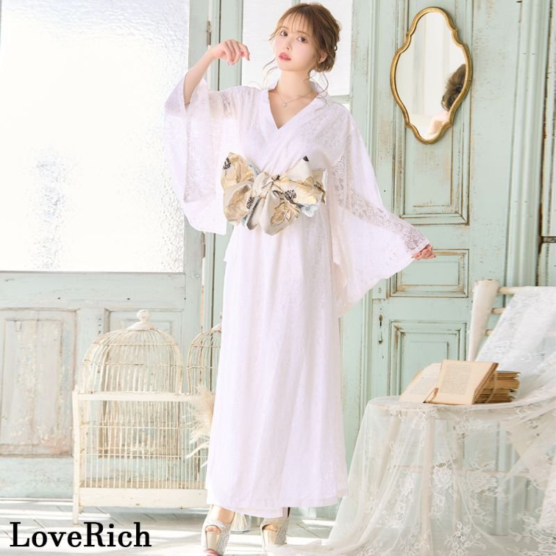 4カラー/2点セット】総レース ロング 美胸 浴衣風 豪華 帯 花魁 着物