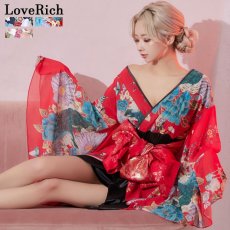 画像1: 再入荷！【SMLサイズ/3カラー/2点セット】 花柄 ミニ シフォン  豪華 帯 リボン 花魁 着物 ドレス コスプレ イベント ハロウィン (1)