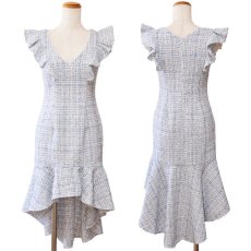 画像19: 残りわずか！【SALE30％OFF】【SMLサイズ/3カラー】ツイード マーメイドライン ミディアム丈 フリルショルダー Vネック タイト ミニドレス キャバドレス  (19)