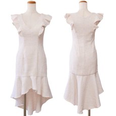 画像20: 残りわずか！【SALE30％OFF】【SMLサイズ/3カラー】ツイード マーメイドライン ミディアム丈 フリルショルダー Vネック タイト ミニドレス キャバドレス  (20)