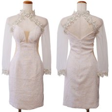 画像14: 残りわずか！【SALE30％OFF】【SMLサイズ/3カラー】ツイード 刺繍花 ウエストカット シースルー 長袖 谷間魅せ 背中魅せ タイト ミニドレス キャバドレス  (14)