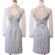 画像15: 残りわずか！【SALE30％OFF】【SMLサイズ/3カラー】ツイード 刺繍花 ウエストカット シースルー 長袖 谷間魅せ 背中魅せ タイト ミニドレス キャバドレス  (15)