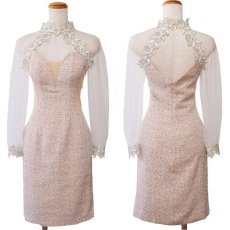 画像13: 残りわずか！【SALE30％OFF】【SMLサイズ/3カラー】ツイード 刺繍花 ウエストカット シースルー 長袖 谷間魅せ 背中魅せ タイト ミニドレス キャバドレス  (13)