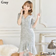 画像2: 【SALE50％OFF】【SMLサイズ/6カラー】総レース 袖あり マーメイド ミディアム丈 フリル Vネック 谷間魅せ タイト ミニドレス キャバドレス  (2)
