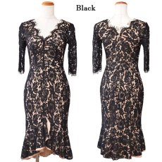 画像22: 【SALE50％OFF】【SMLサイズ/6カラー】総レース 袖あり マーメイド ミディアム丈 フリル Vネック 谷間魅せ タイト ミニドレス キャバドレス  (22)