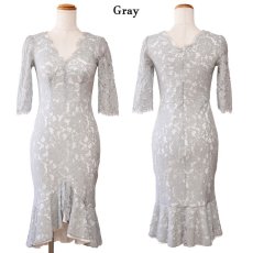 画像19: 【SALE50％OFF】【SMLサイズ/6カラー】総レース 袖あり マーメイド ミディアム丈 フリル Vネック 谷間魅せ タイト ミニドレス キャバドレス  (19)