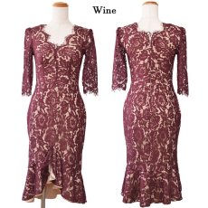 画像21: 【SALE50％OFF】【SMLサイズ/6カラー】総レース 袖あり マーメイド ミディアム丈 フリル Vネック 谷間魅せ タイト ミニドレス キャバドレス  (21)