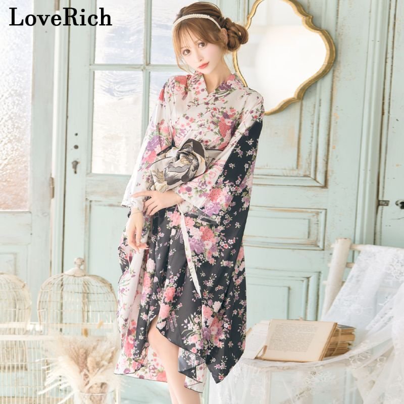 3カラー/2点セット】バイカラー 花柄 和柄 ツートン 豪華 帯 花魁 着物