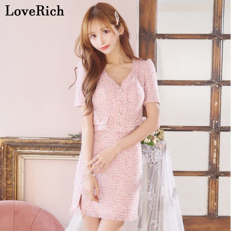 SMLサイズ/2カラー】ツイード セットアップ 袖付き スリット パール