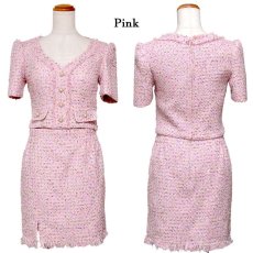 画像11: 【SALE20％OFF】【SMLサイズ/2カラー】ツイード セットアップ 袖付き スリット パール スパンコール 背中隠し 谷間魅せ タイト ミニドレス キャバドレス  (11)