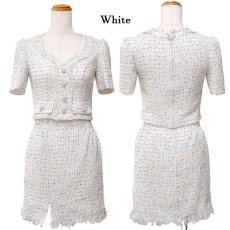 画像12: 【SALE20％OFF】【SMLサイズ/2カラー】ツイード セットアップ 袖付き スリット パール スパンコール 背中隠し 谷間魅せ タイト ミニドレス キャバドレス  (12)