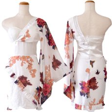 画像18: 再入荷！【SMLサイズ/2カラー/3点セット】蝶々柄 アシンメトリー レース 花柄 フリル シフォン ミニ 豪華 帯 花魁 着物 ドレス コスプレ イベント ハロウィン キャバドレス (18)